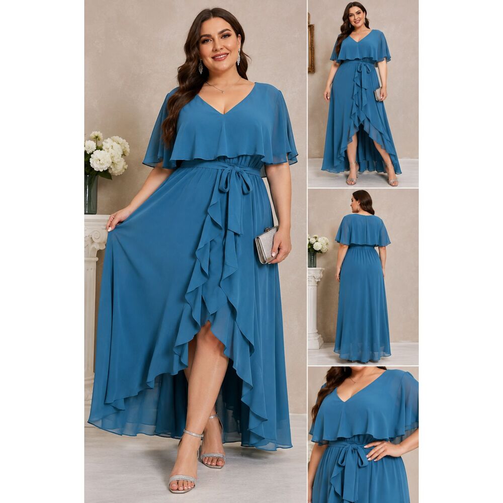 CICIDUDU 3X Lake Blue Chiffon Ruffle High Low Maxi Dress Wedding Guest NWT